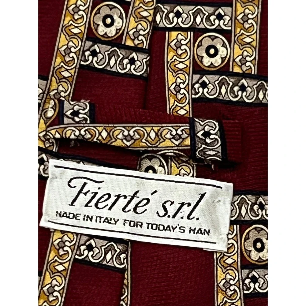 Fierte s.r.l. Mens Burgundy Gold Geometric Tile Silk Tie Made in Italy‎ 56 Inch